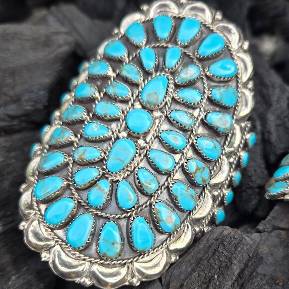 2 Large Sterling Silver & Turquoise cuff bracelets signed by DLW Navajo artist - Picture 4 of 16